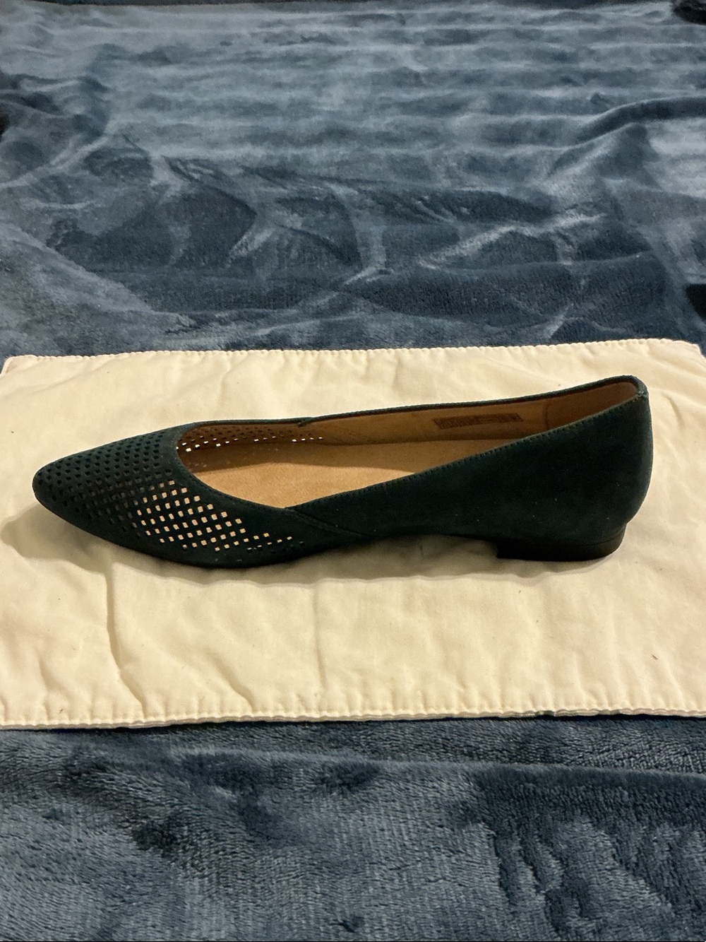 Vionic Dark Green Perforated Pointed Suede Flat